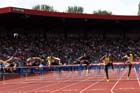 Mens 110 metres, from left to right: Artur Noga, Balezs Baji, Thomas Martinot-Lagarde, Aries Merritt, Ryan Braithwaite and Omoghan Osaghse IAAF Diamond League, Birmingham.